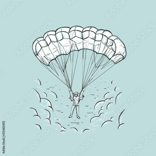 Sketch vector color illustration with hand drawn skydiver flying with a parachute. Paragliding in sky