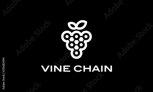 vine wine grape with block chain logo design concept