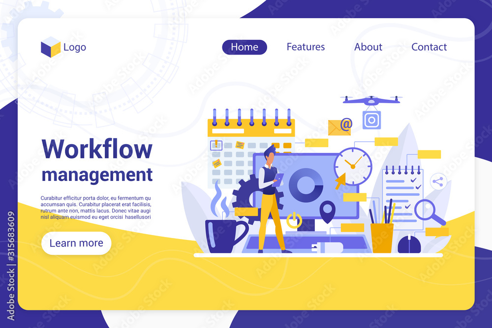 Workflow management flat landing page vector template. Manager, businessman faceless character. Working process control, time optimization, performance improvement web banner homepage design layout