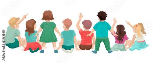 Group of children sitting on the floor, view from the back, raise their hands and stand up. Vector illustration