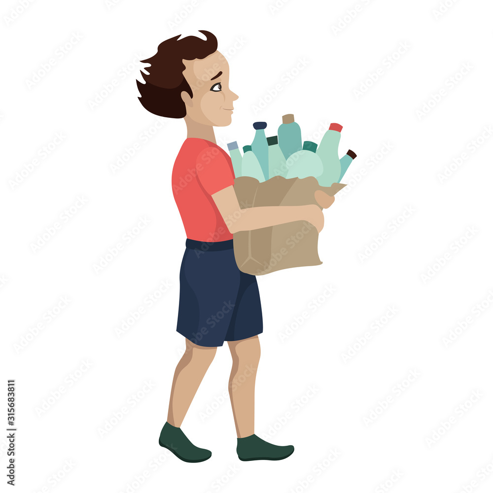 Volunteer collects plastic for recycling, a child boy carries plastic bottles in a paper bag. Vector character Volunteer collects plastic for recycling, a child boy carries plastic bottles in a paper bag. Vector character