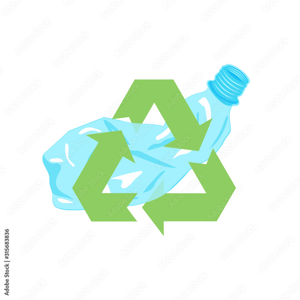 Recycle sign with crumpled plastic bottle isolated on a white background. Stop plastic pollution. Vector illustration. Recycle sign with crumpled plastic bottle isolated on a white background. Stop plastic pollution. Vector illustration.