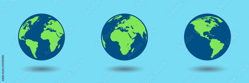 Flat design of Earth globe isolated on blue background. Flat planet icon set. Vector illustration.