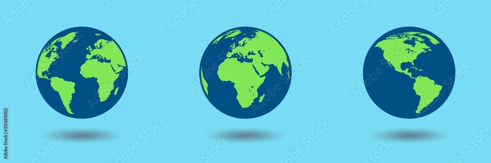 Flat design of Earth globe isolated on blue background. Flat planet icon set. Vector illustration. Flat design of Earth globe isolated on blue background. Flat planet icon set. Vector illustration.