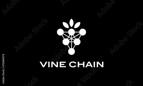 vine wine grape with block chain logo design concept