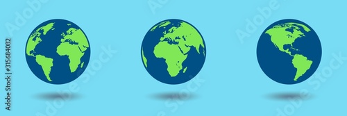 Flat design of Earth globe isolated on blue background. Flat planet icon set. Vector illustration.