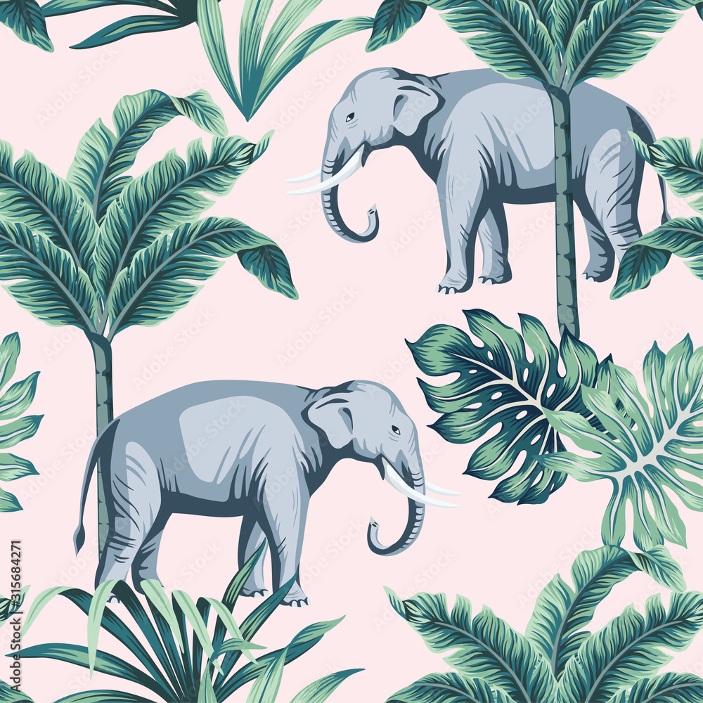 Tropical vintage elephant wild animal, palm tree and palm leaves floral  seamless pattern pink background. Exotic jungle safari wallpaper. Stock  Vector | Adobe Stock