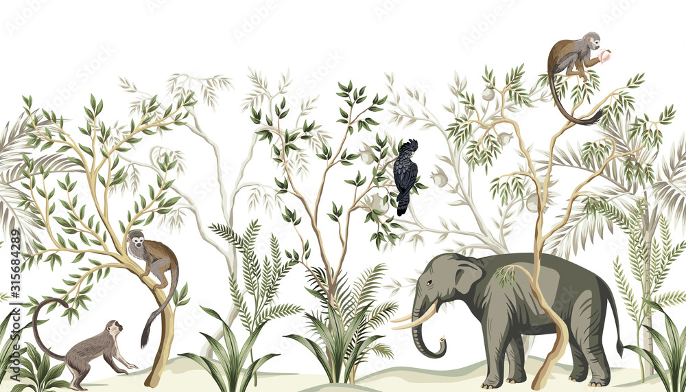 Papier peint photo avec Jungle vintage perroquet singe éléphant #315684289