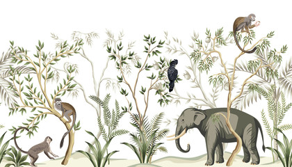 Fototapete Vintage botanische Landschaft Tropische Dschungeltiere Papagei Affe Elefant  © good_mood