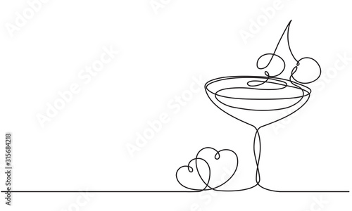 Love, wine and heart. Alcoholic cocktail with cherry. Continuous line drawing. Vector sketch