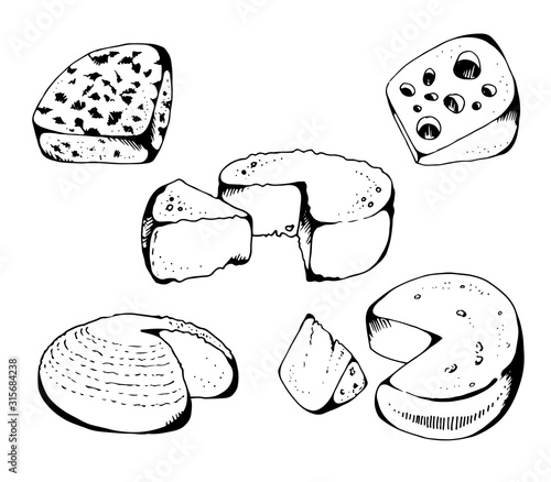 Cheese collection, vector set, isolated on white background, blue cheese, emmental, camembert, ricotta, parmesan with hand drawn text