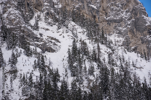 Detail of mountain face with rocks, snow and trees near Green lake (Gruner see) in sunny winter day. Famous tourist destination for walking and trekking in Styria region, Austria