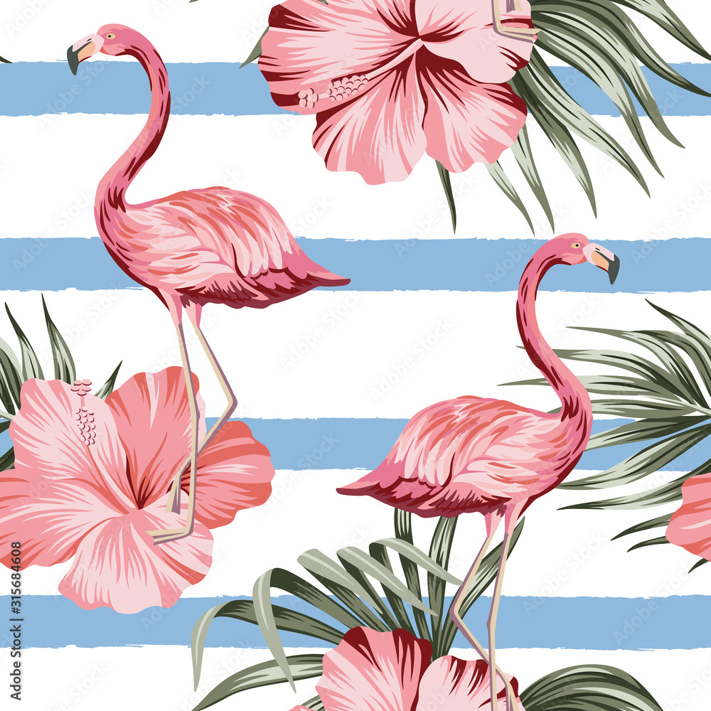 Tropical pink hibiscus and flamingo floral green palm leaves seamless pattern striped background. Exotic jungle wallpaper.