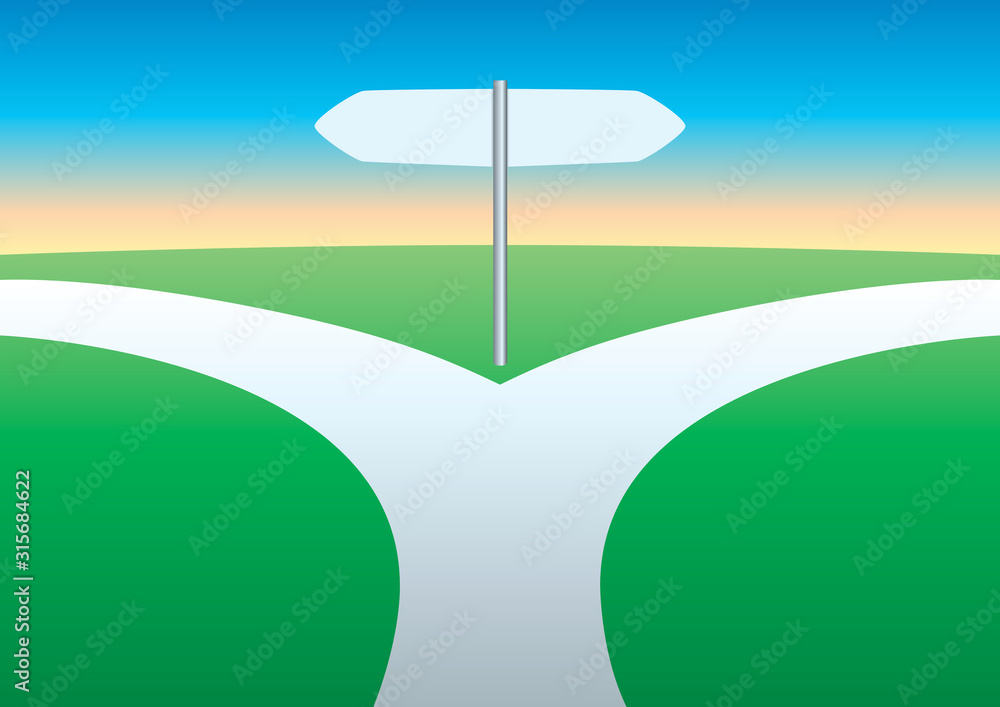 Concept du choix entre deux orientations avec le symbole d’un chemin qui se sépare en deux directions opposées.