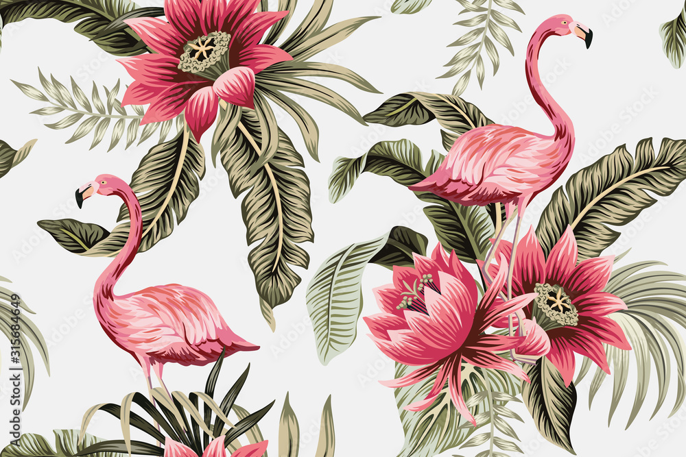 Fototapeta premium Tropical vintage pink flamingo, pink hibiscus, palm leaves floral seamless pattern grey background. Exotic jungle wallpaper.