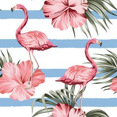 Fototapete Flamingomuster Hibiskus Flamingos und Palmblätter Streifen  © good_mood