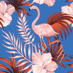 Fotobehang Lichtroze patronen Vintage flamingo patroon met palmbladeren  © good_mood