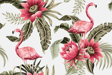 Fototapete Flamingomuster Vintage Flamingos Hibiskus auf Grau  © good_mood