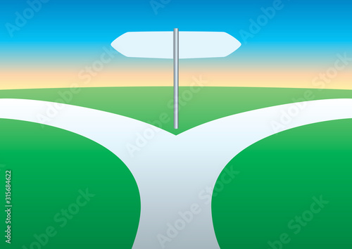 Concept du choix entre deux orientations avec le symbole d’un chemin qui se sépare en deux directions opposées.