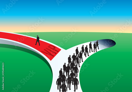 Concept du privilège et de l’inégalité avec un groupe de personnes qui descend dans un tunnel, tandis qu’un homme seul prend la direction opposée en marchant sur un tapis rouge.