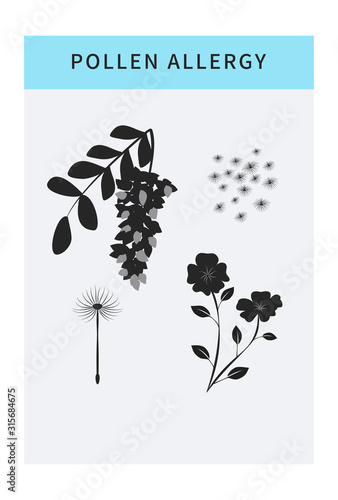 Pollen allergy vector icons set with spring flowers. Seasonal allergy. Infographic concept. Banner template with copy space