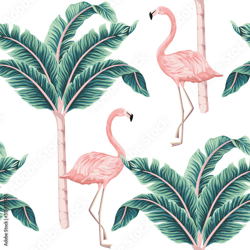 Tropical vintage pink flamingo, banana trees floral seamless pattern white background. Exotic jungle wallpaper.