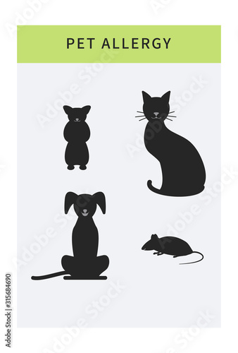 Pet allergy vector icons set, allergy to animal hair, isolated cartoon allergen symbols like cat, dog, mouse. Banner template with copy space.