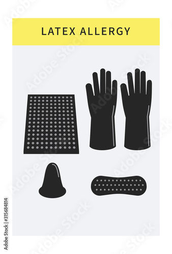 Latex allergy icons set. Cartoon isolated allergen like gloves, mattress, bottle nipple. Banner template with copy space