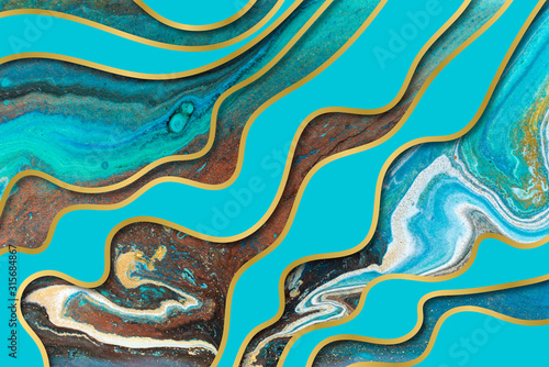 Blue and gold agate ripple pattern. Marble background with wave layers.