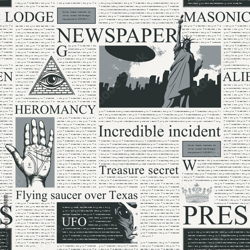 Vector seamless pattern with newspaper columns. Black and white newspaper background with unreadable text, headlines, illustrations on the theme of metaphysics, palmistry, UFO, alien civilizations