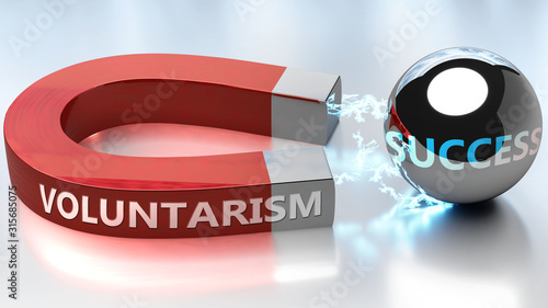 Voluntarism helps achieving success - pictured as word Voluntarism and a magnet, to symbolize that Voluntarism attracts success in life and business, 3d illustration photo