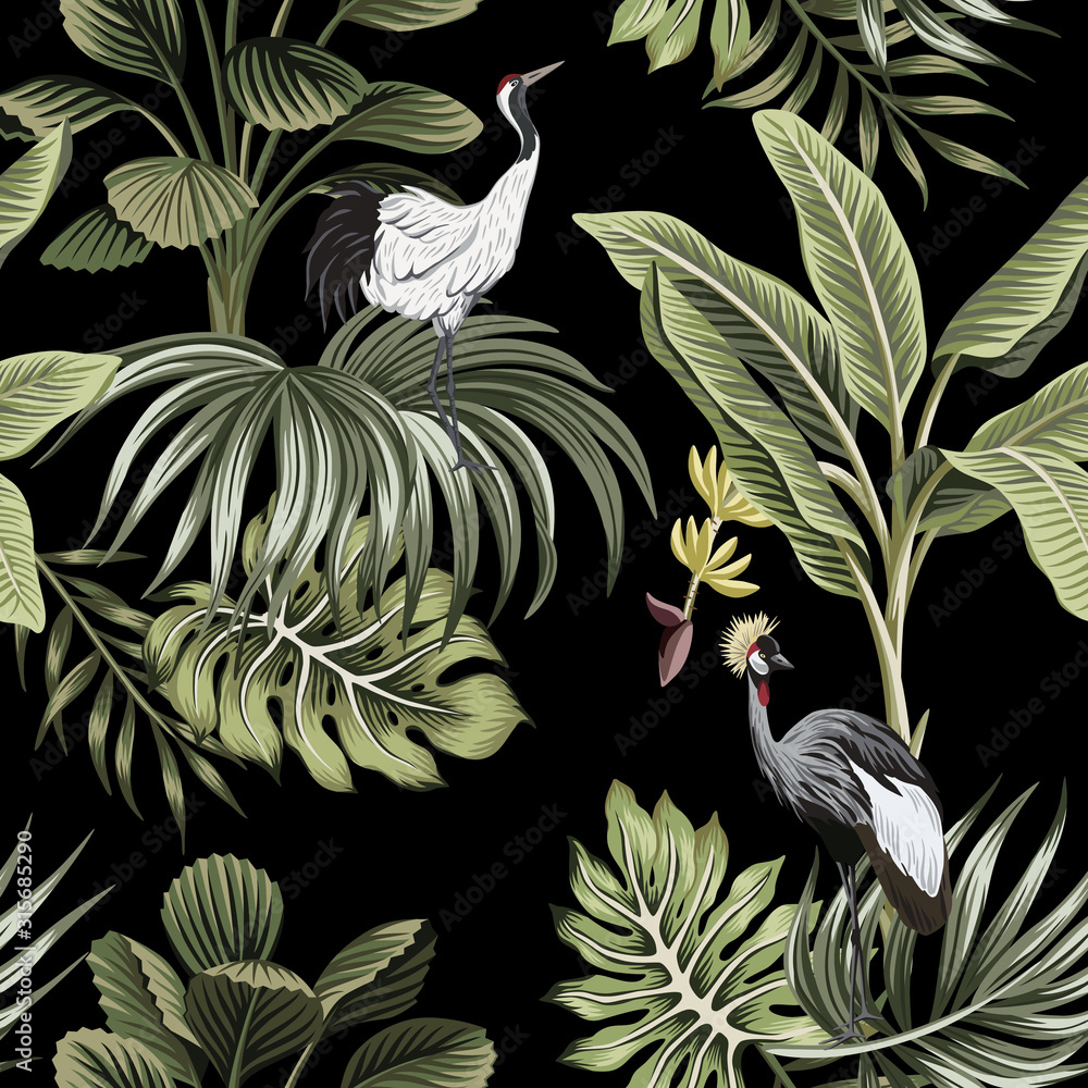 Fototapeta Tropikalny vintage noc żuraw ptak, palmy, drzewo bananowe, liście palmowe kwiatowy wzór bezszwowe ciemne tło. Tapeta egzotycznych dżungli botanicznych.