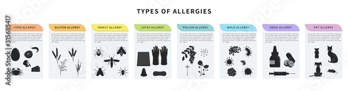Types of allergy vector illustration. Animal hair, latex, drugs, insect, food, gluten, pollen allergy. Banner template with different allergens. Design concept for infographic photo
