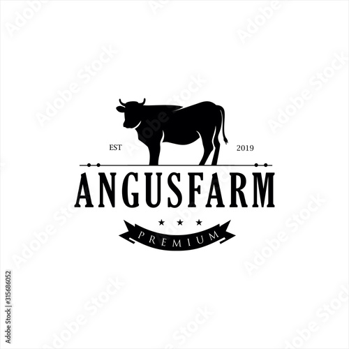 Retro Vintage Cattle Angus Beef Emblem Label logo design vector, Angus Cow Logo, Cattle Farm Logo Angus Cow Farm, beef cattle ,Aberdeen Angus, Cow Logo Vintage	