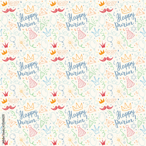 Purim seamless pattern. Traditional Jewish holiday elements, hand drawn background. vector illustration