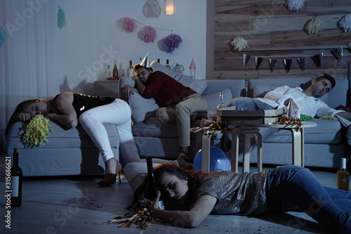 Photography Drunk friends sleeping in messy room after party