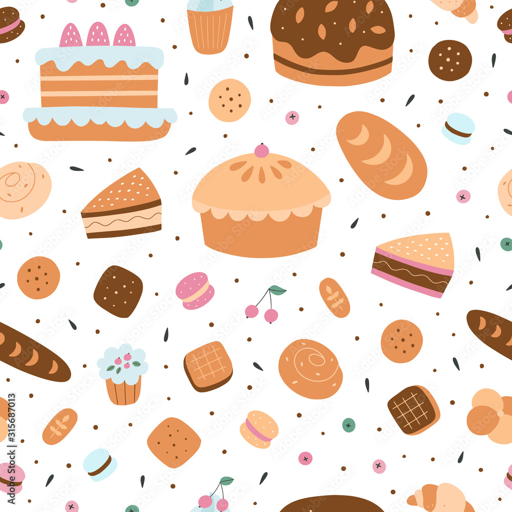 Seamless pattern with sweet pastries, buns, cakes, cookies and pies. Cute bakery vector background for cafe decoration Seamless pattern with sweet pastries, buns, cakes, cookies and pies. Cute bakery vector background for cafe decoration