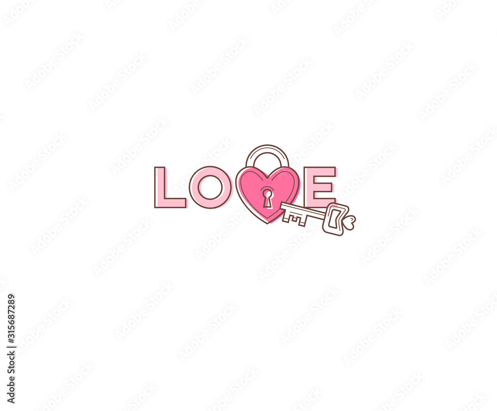 Vector illustration, Love text and pink heart-shaped lock and key. Love logo.