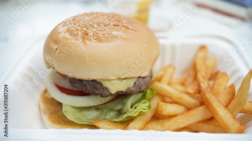 Meat burger and french fried in white package