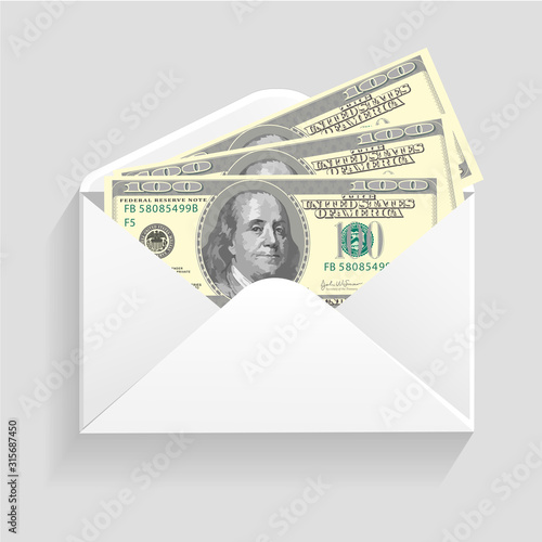 Open envelope and 100 dollar bills cash