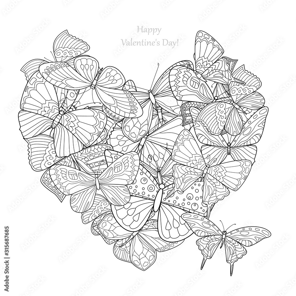 Romantic card with many different patterns of butterflies in hea