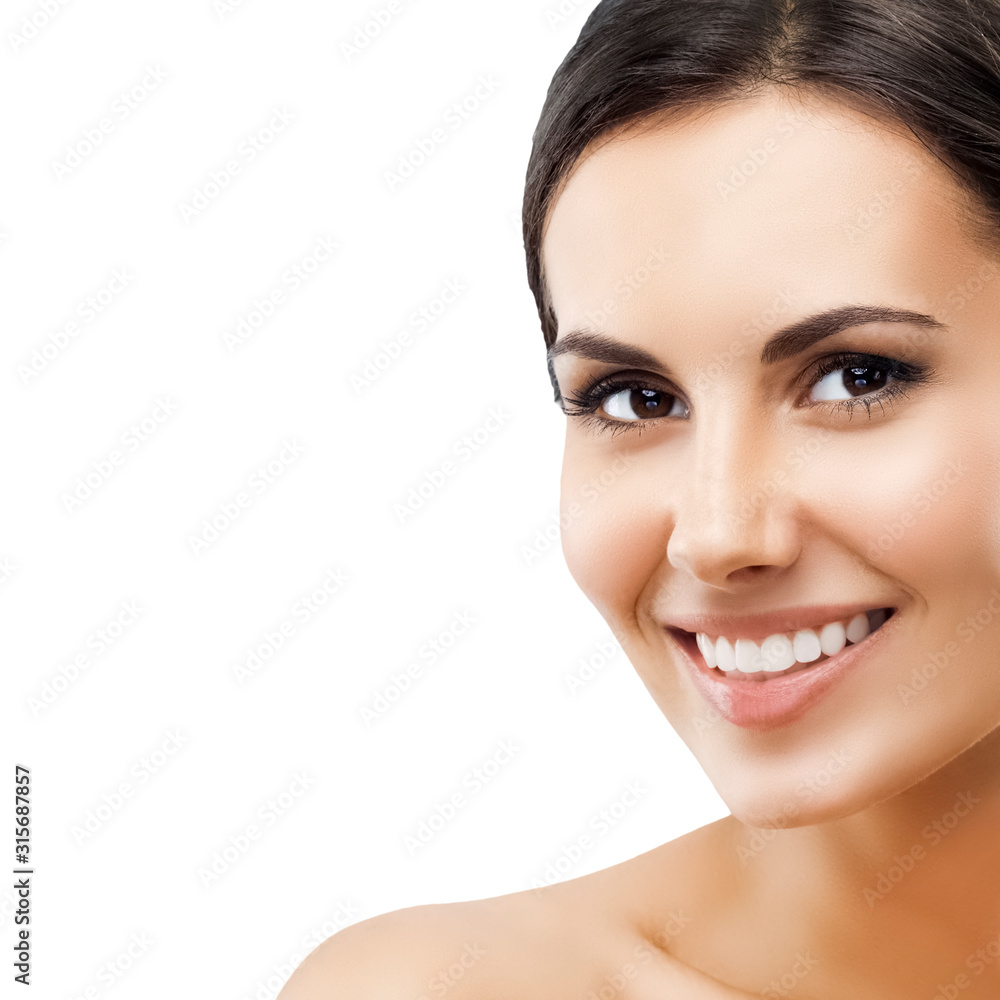 Portrait of beautiful young happy smiling brunette woman, isolated over white background Portrait of beautiful young happy smiling brunette woman, isolated over white background
