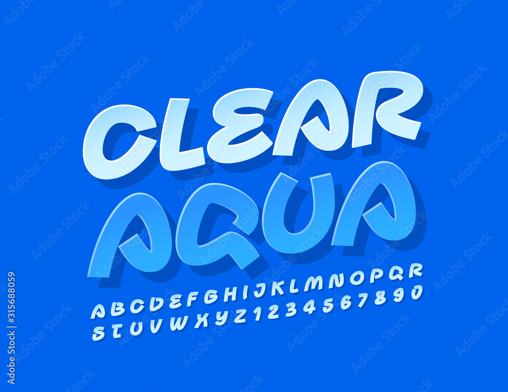 Vector bright Emblem Clear Aqua. Handwritten Creative Font. Sticker style Alphabet Letters and Numbers Vector bright Emblem Clear Aqua. Handwritten Creative Font. Sticker style Alphabet Letters and Numbers
