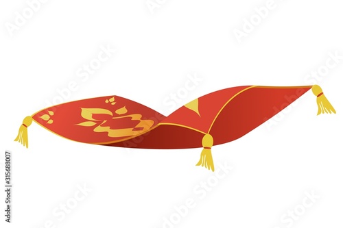 Fairytale Persian magic carpet flying isolated on white background. Cartoon miracle rug plane symbol vector graphic illustration. Fantasy textile transport photo