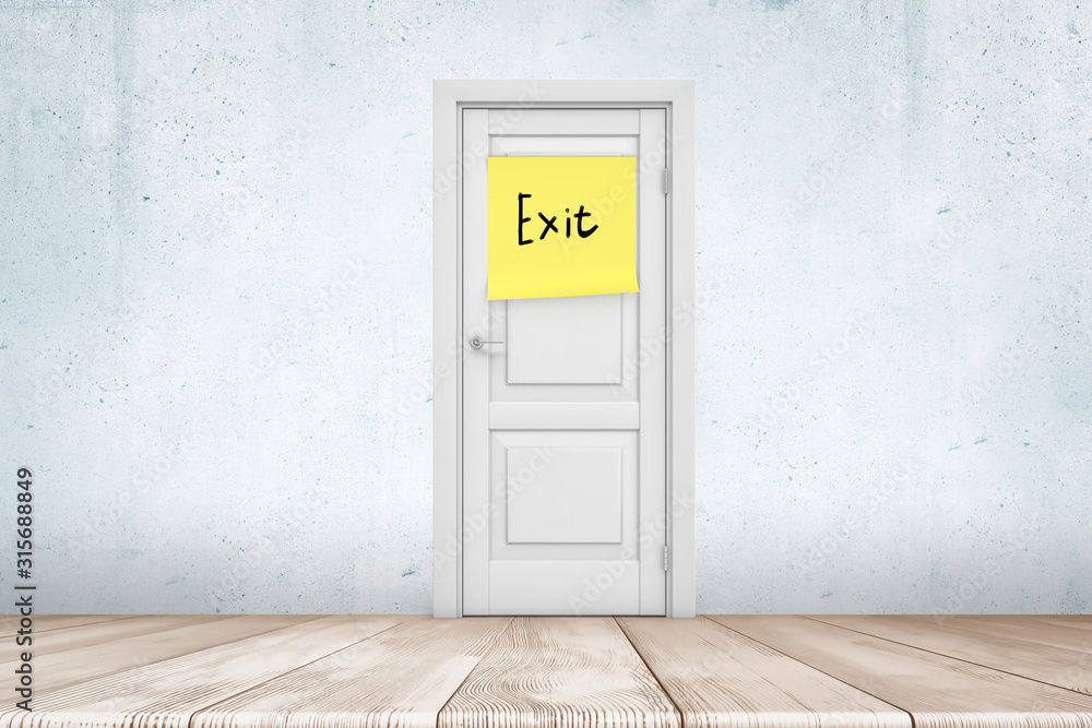 3d rendering of room with wooden floor, white concrete walls and white closed door with yellow post-it note that reads 'Exit'. 3d rendering of room with wooden floor, white concrete walls and white closed door with yellow post-it note that reads 'Exit'.