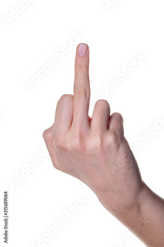Woman hand showing middle finger on white background