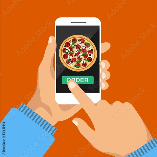 Hand holds smartphone and orders pizza online. Pizza on the phone screen. Flat vector illustration. Isolated.