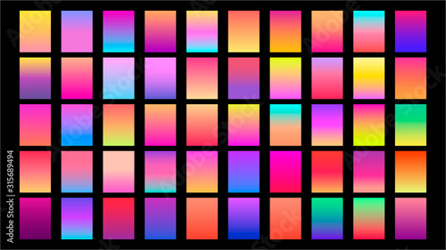 Set of square gradient icons with different colors and shades. Pack glossy colorful gradients on a black background.