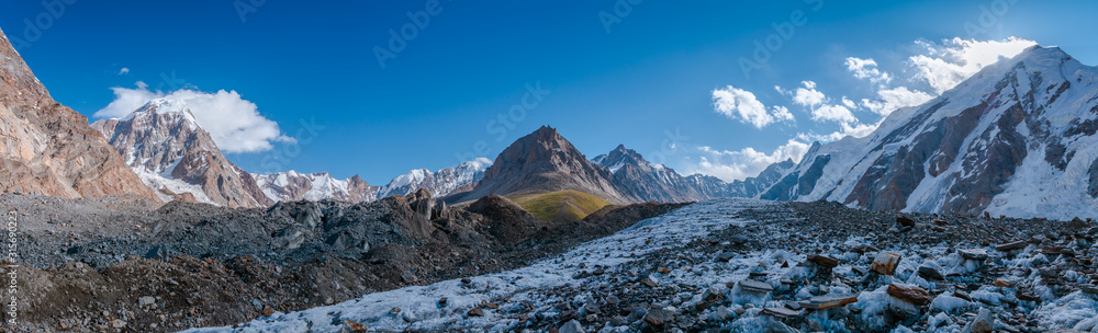 Panoramic view from Gondogoro Glacier facing back to Khuspang Camp with Biarchedi Peak (left -side) and Tasa Peak (right-side), Pakistan