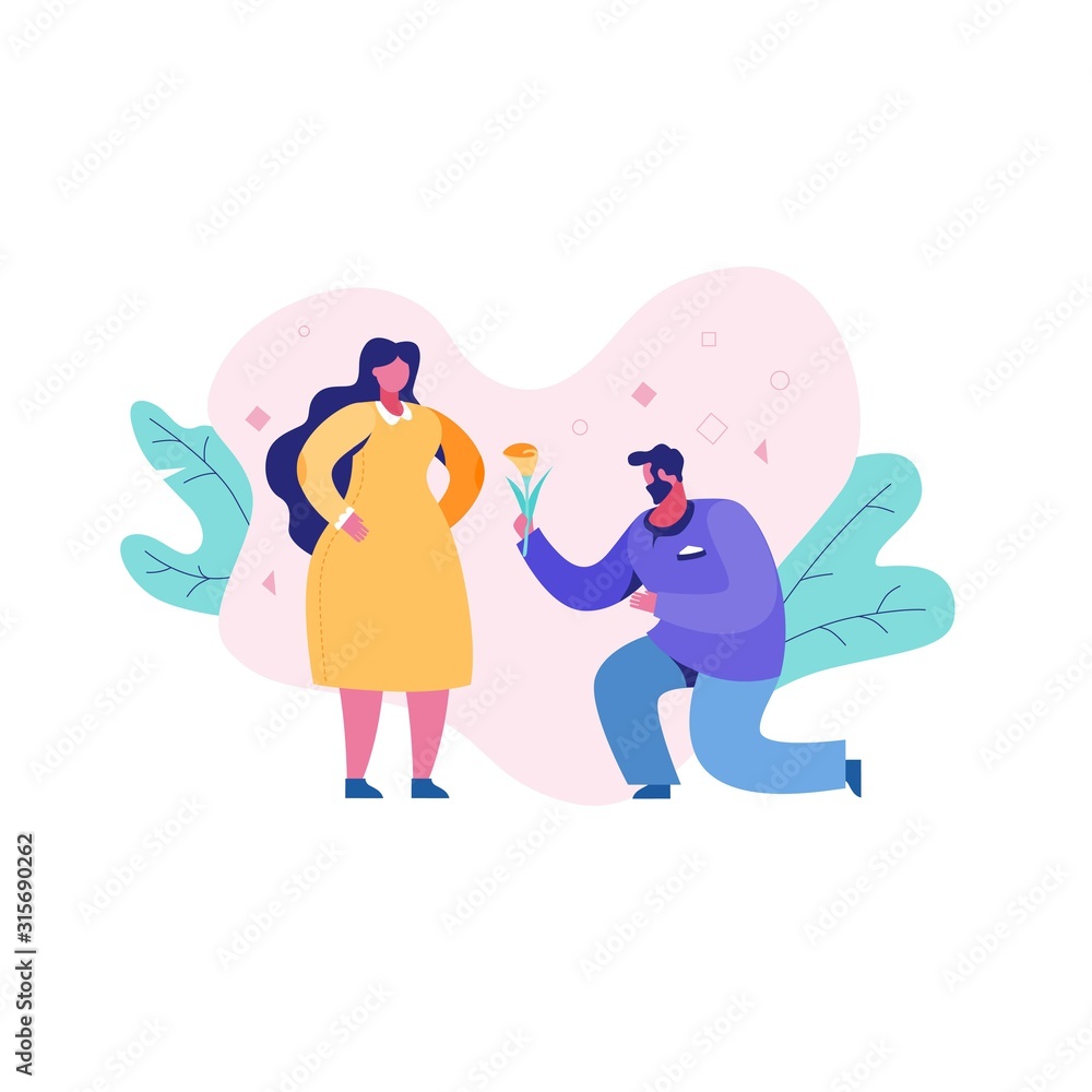 Romance of a man and a woman in a caricature style. Cartoon couple, a man gives flowers to a woman outdoors. Romance of a man and a woman in a caricature style. Cartoon couple, a man gives flowers to a woman outdoors.